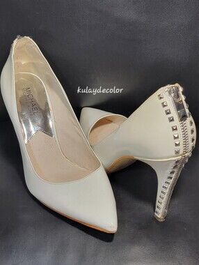 Michael Kors Ivory Leather Pointed Toe Pumps Zipper Heel Studded Stilettos